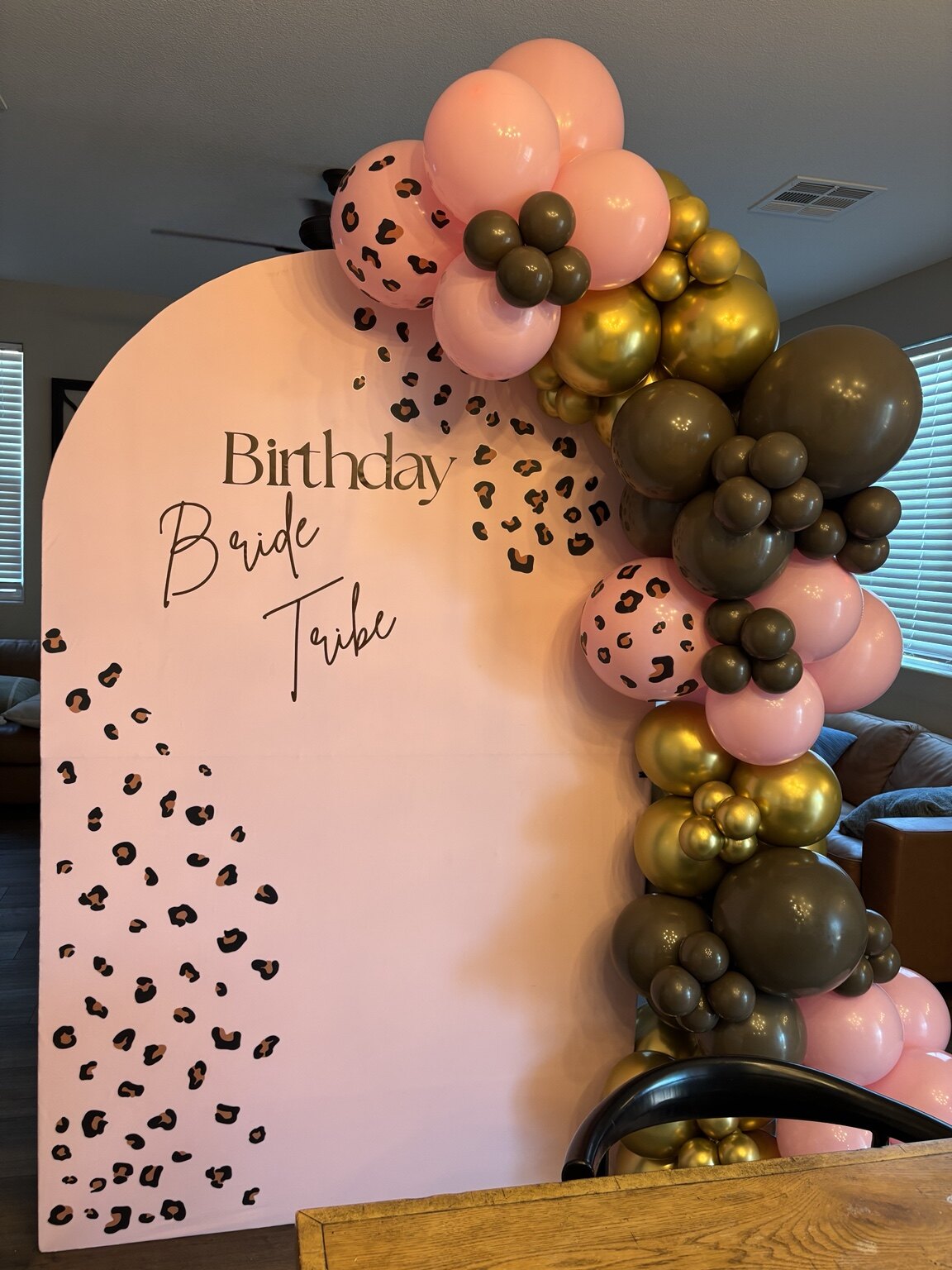 Pink, black, and gold Birthday Bride Tribe backdrop with balloon garland